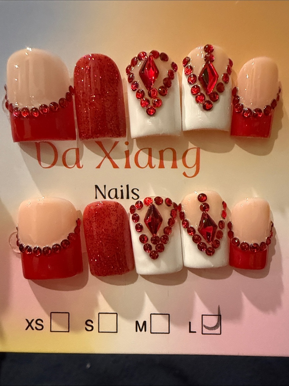 Red & White Rhinestone handmade acrylic Press-On Nail Set